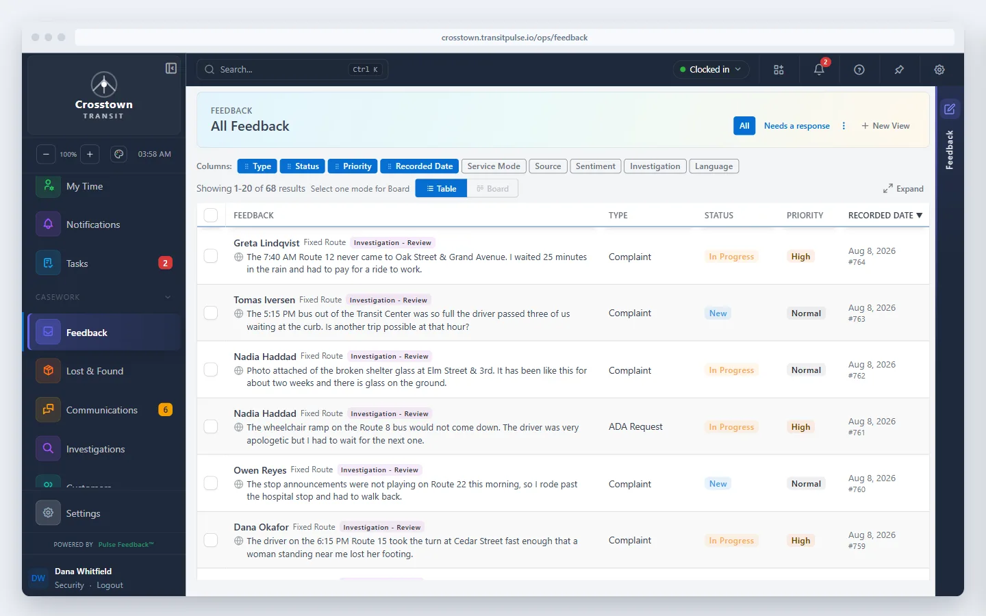 Pulse Feedback queue listing rider complaints and an ADA request, each with its status and priority